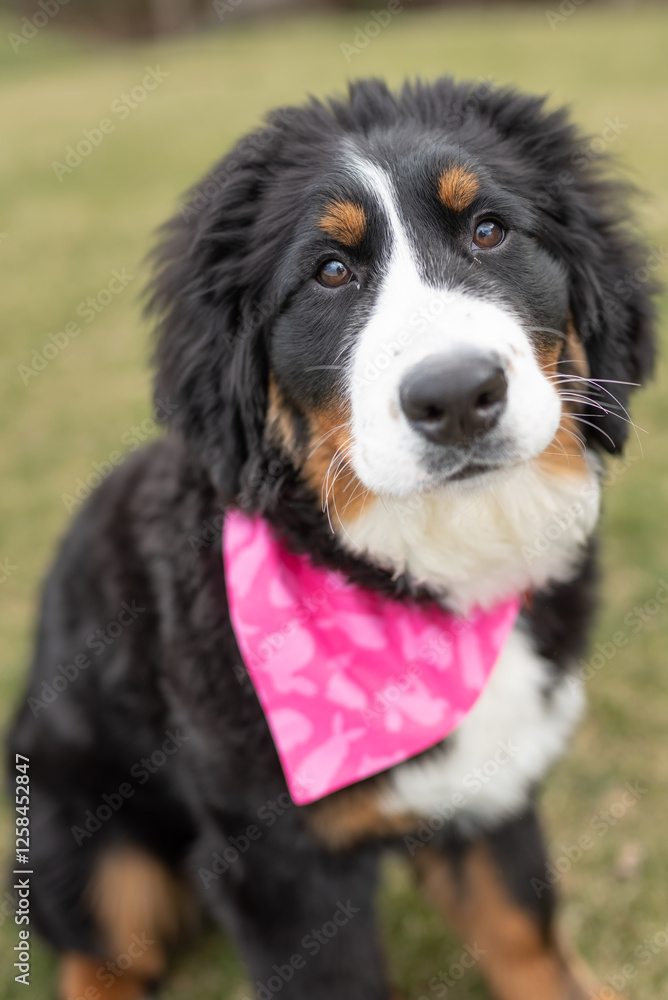Bernese Mountain Dog puppy wearing a pink bandana, sitting on grass. Bernese Mountain Dog puppy wearing a pink bandana, sitting on grass.