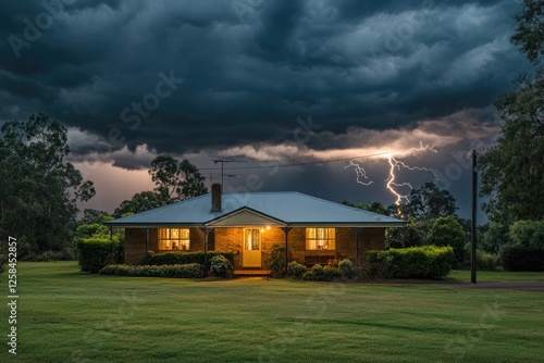 A house in the middle of an Australian country town with dramatic lighting and thunderstorm clouds overhead,
