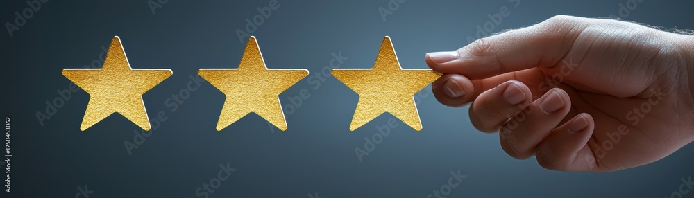Golden star in hand, symbol of achievement, excellence, and success against blue backdrop Golden star in hand, symbol of achievement, excellence, and success against blue backdrop