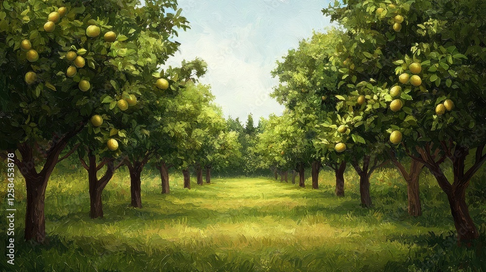 Lush Lemon Orchard Under Clear Sky with Abundant Green Foliage