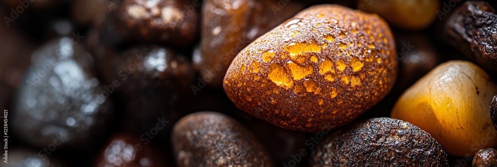 Close-up of various colorful stones, showcasing textures and shades of brown, orange, and black.
