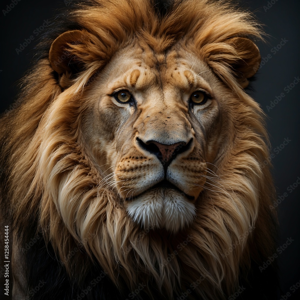 Naklejka premium Majestic Lion Portrait with Regal Mane, A powerful lion with a thick, golden mane, symbolizing strength and leadership in nature.
