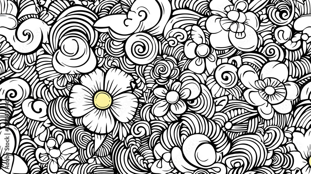 Fototapeta premium Intricate Black and White Floral Design with Swirls and Curves