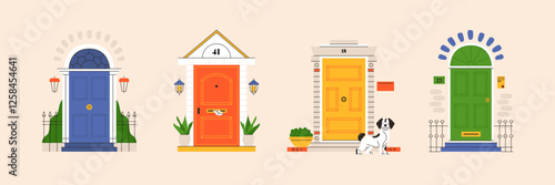 House front door set. Cartoon residential doors entrance with doorsteps and plants, modern exterior facade elements, home doorway. Vector isolated flat collection photo