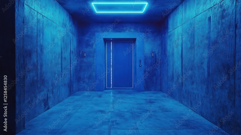 Fototapeta premium Elevator entrance with blue ambient light in a minimalist concrete space