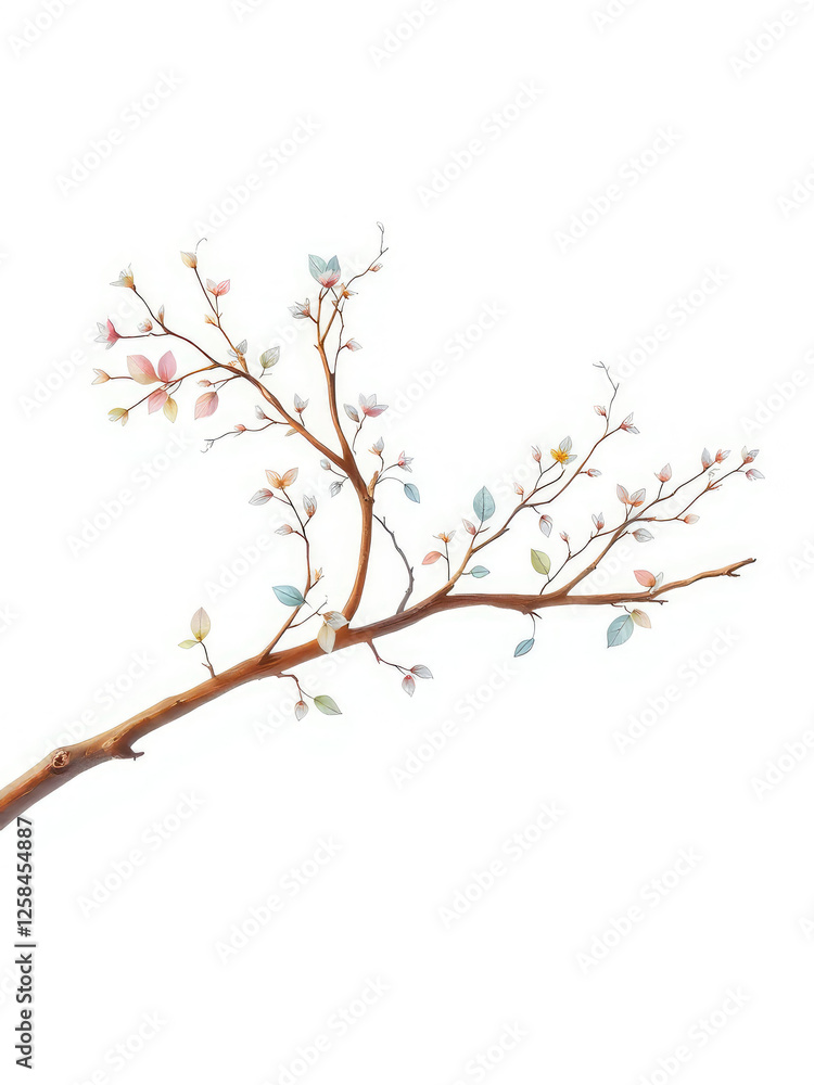 Delicate watercolour foliage on a wooden branch, calming composition, botanical art, subtle colours Delicate watercolour foliage on a wooden branch, calming composition, botanical art, subtle colours