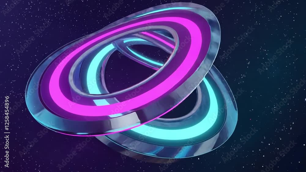 Transparent glassy rings with neon edges orbiting in a cosmic-inspired ...