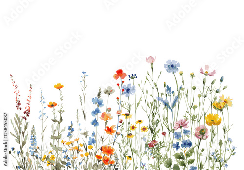 Watercolor row of field flowers. Watercolor field flowers and other growths on a visible aphid. Watercolor botany. Vector illustration.