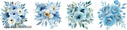 Set of watercolor classic bouquets of flowers with blue leaves on a transparent background. Watercolor bouquets of blue flowers with roses, eucalyptus leaves and other flowers. 