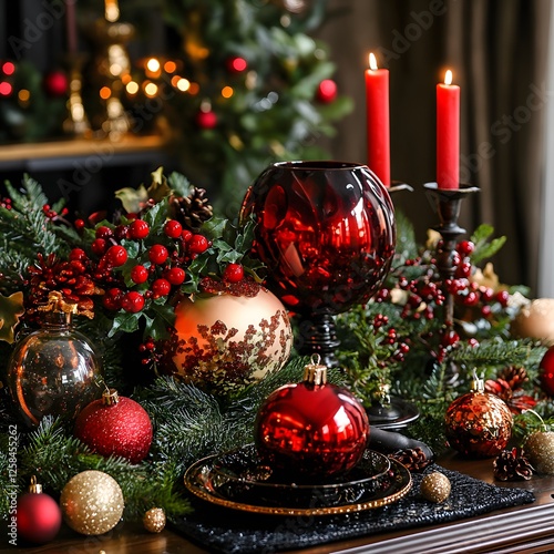 a table with a christmas tree and decorations on it