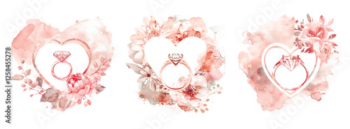 Watercolor pink gemstone engagement ring on a heart frame with pale pink flowers. marriage proposal Elements for wedding designs. Vector illustration.