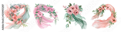 A set of watercolor decorations for a wedding png. Fabric with flowers for decorating the arch and other wedding elements. Watercolor wedding attributes with flowers. Vector illustration.
