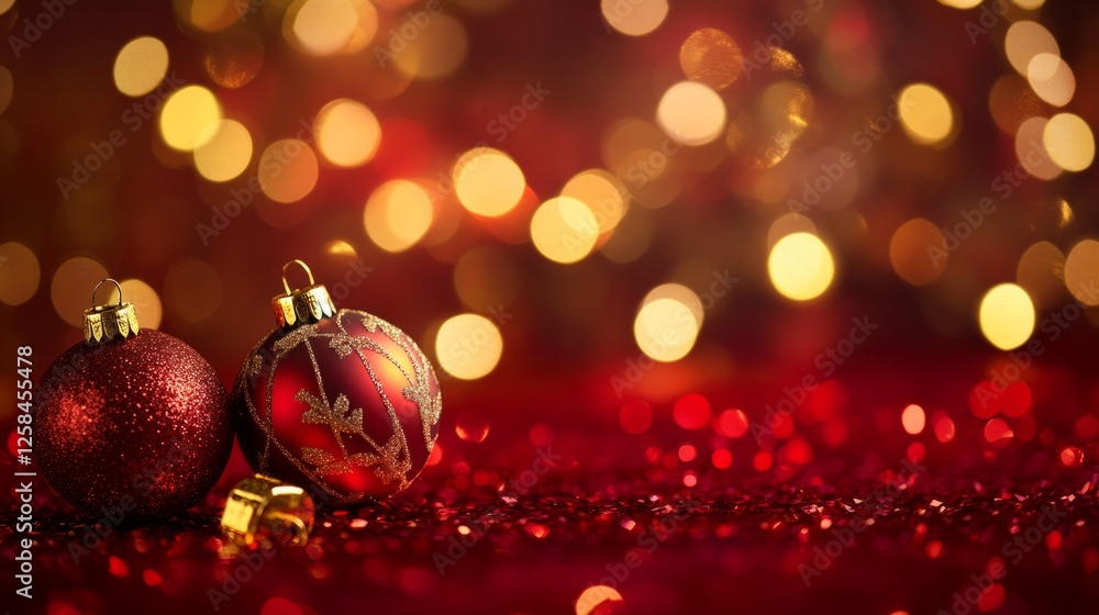 Festive golden bokeh lights on a deep red background, generative ai Festive golden bokeh lights on a deep red background, generative ai