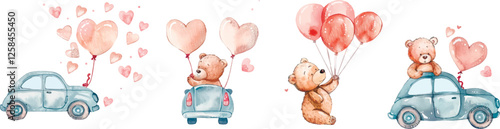 Watercolor cute teddy bear with heart balls and blue car. Png elements of a teddy bear, balls of hearts, cars. A set of elements for children's designs, for St. Valentine's Day, etc.