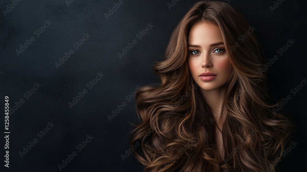 Beautiful woman with long, wavy brown hair against a dark background. Beautiful woman with long, wavy brown hair against a dark background.