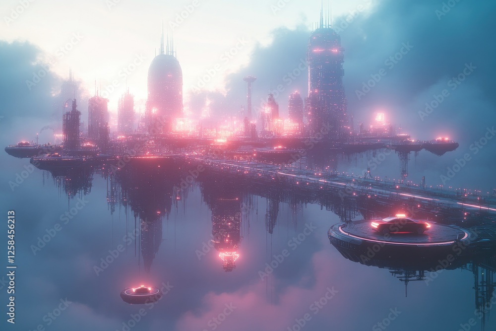A sprawling floating city with gravity-defying architecture, sky bridges, drone taxis, and levitating platforms, all infused with glowing neon aesthetics, copy space background A sprawling floating city with gravity-defying architecture, sky bridges, drone taxis, and levitating platforms, all infused with glowing neon aesthetics, copy space background
