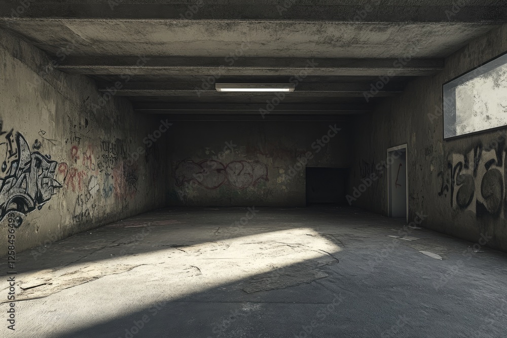 Obraz premium A large concrete room with an open ceiling, an industrial-style interior design.