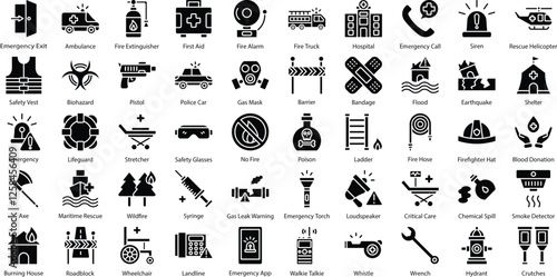 Emergency Icon Set: 50 Alert Fill Vector Icons in Black (EPS Included)
