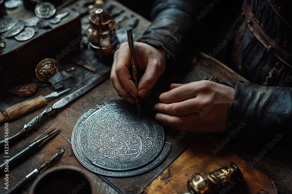 Close-up of artisan's hands meticulously engraving intricate details onto a circular metal plate using a sharp tool. Close-up of artisan's hands meticulously engraving intricate details onto a circular metal plate using a sharp tool.