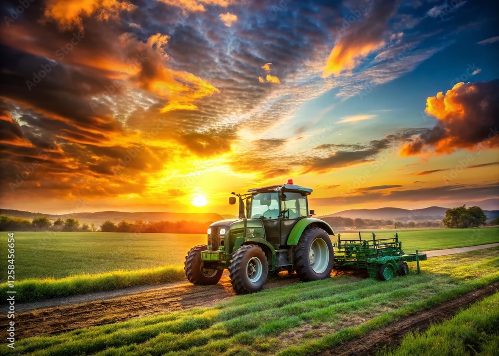 Fototapeta premium Sunset Farm Scene: Green Tractor Double Exposure Photography