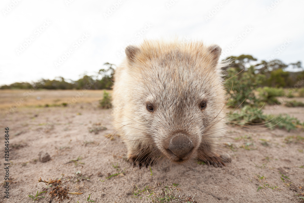 Naklejka premium Wild Wombat Australia Tasmania Marsupial. Front close up.