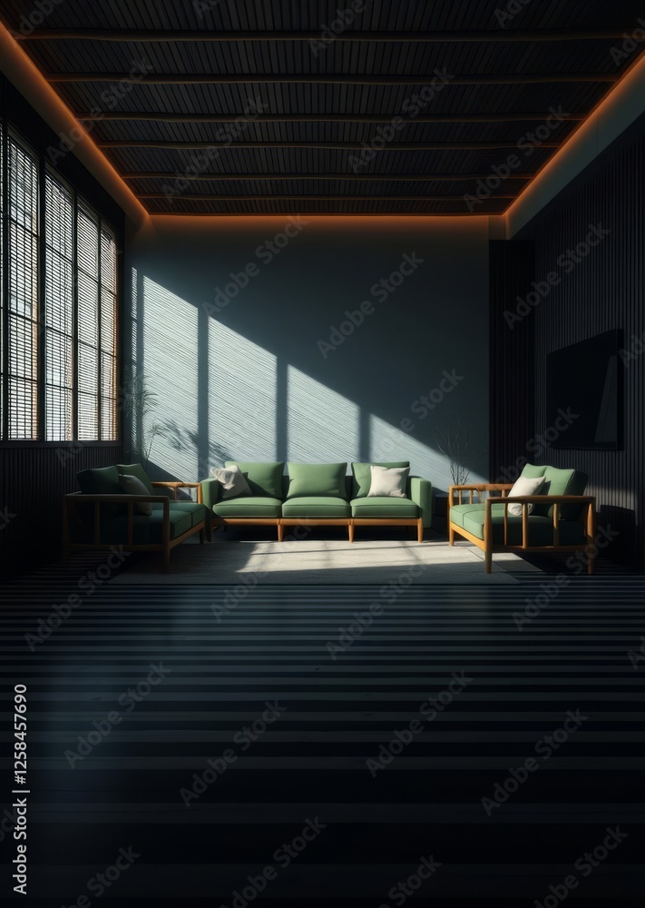 Striped flooring and bamboo green sofa in a 3d-rendered minimalist asian living room bamboo house background beautiful bamboo asian seaport baltic sea antebellum