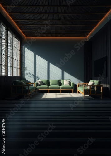 Obraz na płótnie Striped flooring and bamboo green sofa in a 3d-rendered minimalist asian living room bamboo house background beautiful bamboo asian seaport baltic sea antebellum w salonie