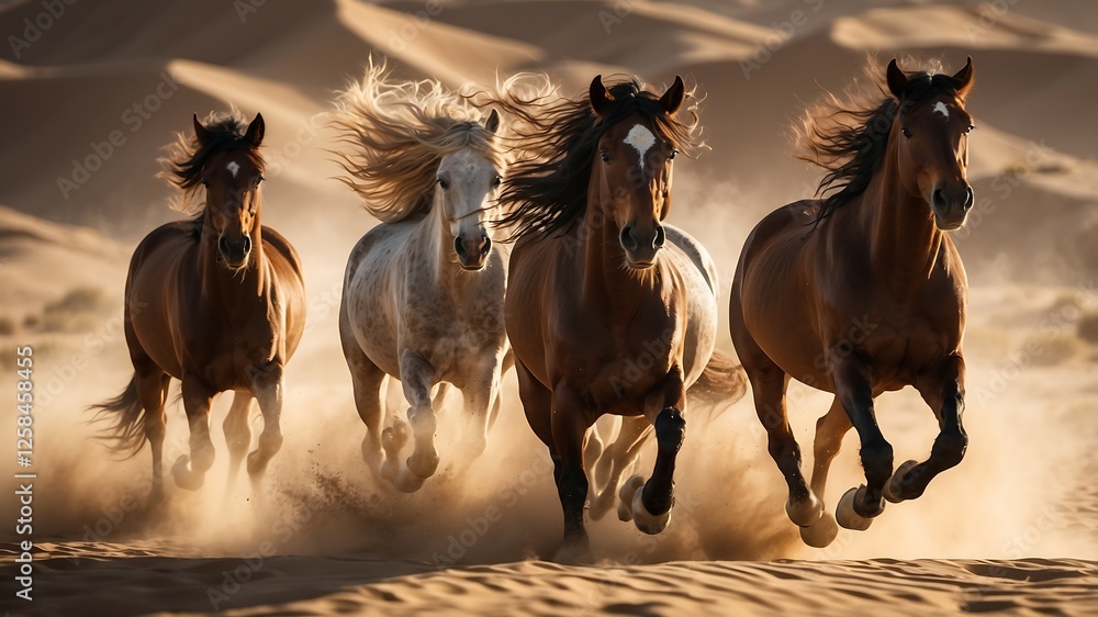 Majestic Horses Galloping Through Desert Sands, Three powerful horses running gracefully across golden sands, symbolizing freedom and strength in nature. Majestic Horses Galloping Through Desert Sands, Three powerful horses running gracefully across golden sands, symbolizing freedom and strength in nature.