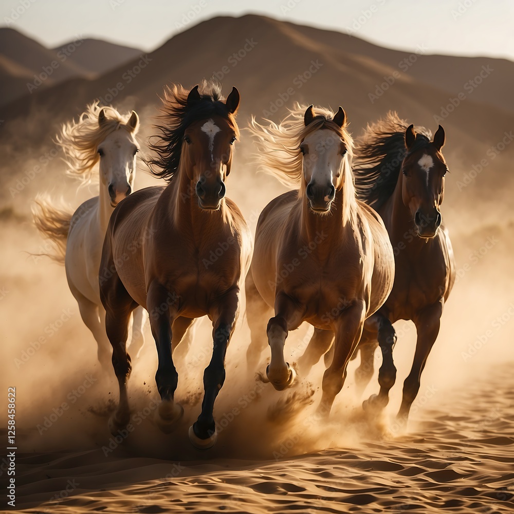 Majestic Horses Galloping Through Desert Sands, Three powerful horses running gracefully across golden sands, symbolizing freedom and strength in nature. Majestic Horses Galloping Through Desert Sands, Three powerful horses running gracefully across golden sands, symbolizing freedom and strength in nature.