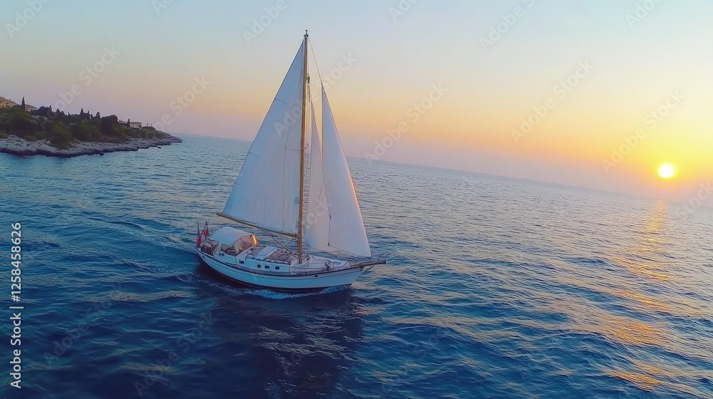 Fototapeta premium As the sun begins to set, casting a warm golden glow across the calm sea, I sail peacefully along a picturesque coastline