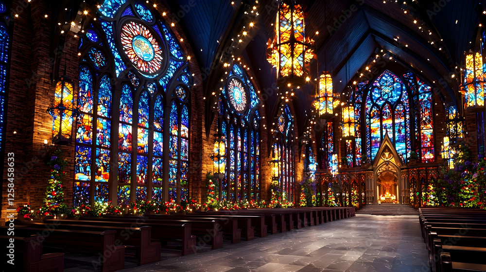 Obraz premium Festive Church Interior, Christmas Decor, Tranquil Atmosphere, Holiday Service