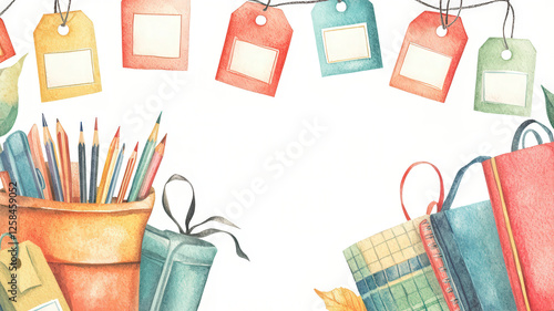 Colorful stationery and supplies with tags for back to school promotions