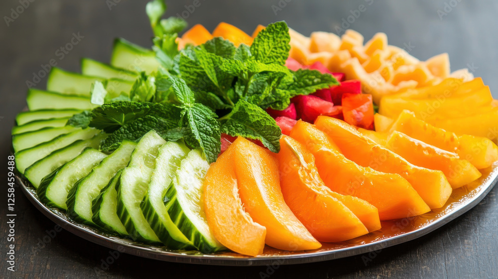Fresh fruit and vegetable platter with mint garnish, colorful and healthy Fresh fruit and vegetable platter with mint garnish, colorful and healthy