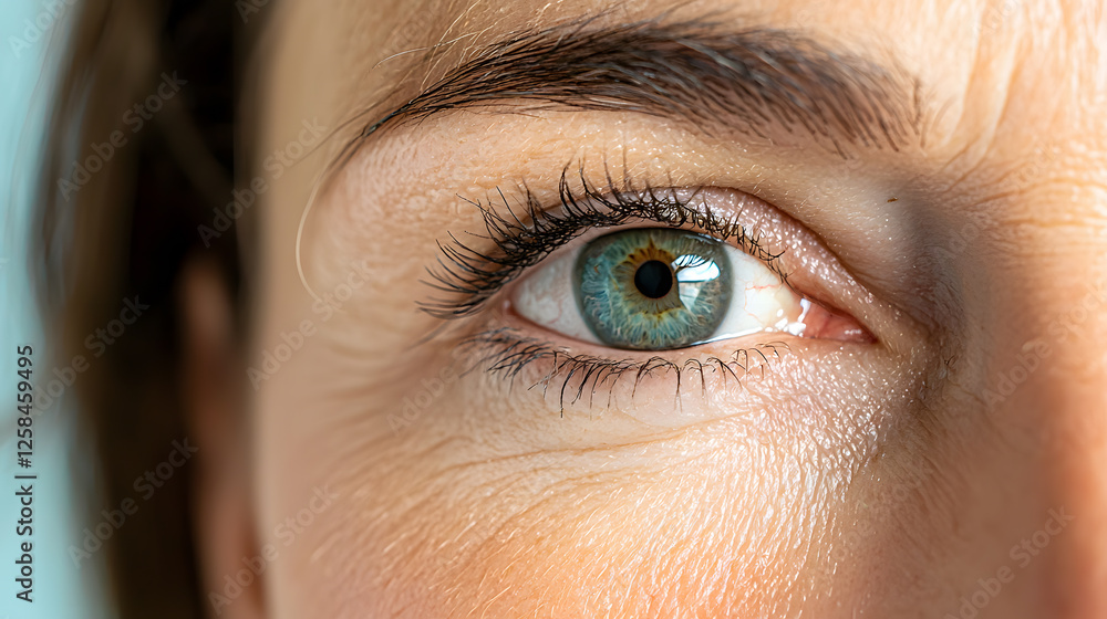 Obraz premium Closeup facial of woman's eyes with wrinkles, crow's feet at the corners of eyes. Cosmetic skincare treatment