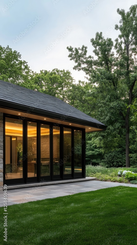 Modern house with large glass windows surrounded by lush greenery during twilight hours in a serene environment Modern house with large glass windows surrounded by lush greenery during twilight hours in a serene environment