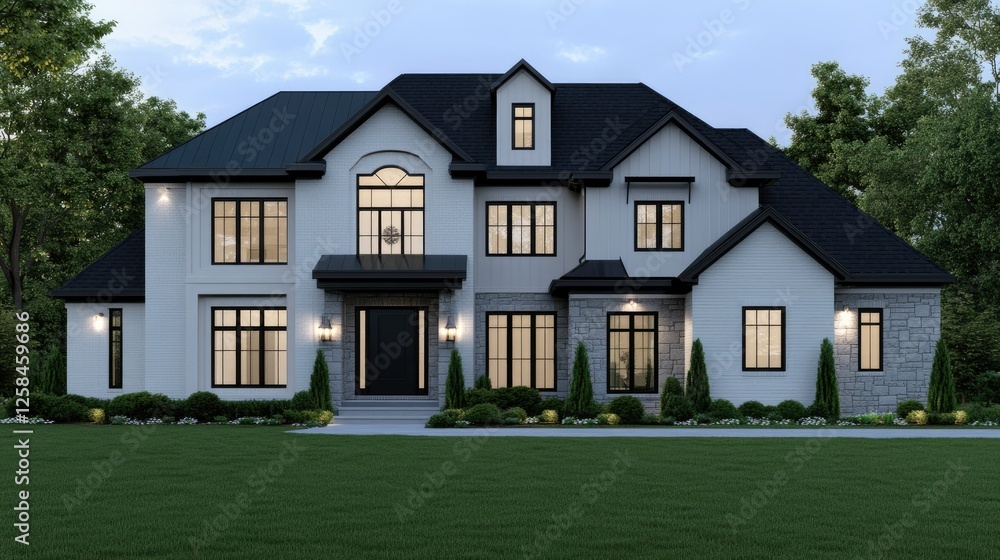 Obraz premium Elegant modern house with a landscaped yard at dusk showcasing contemporary architectural design and inviting ambiance