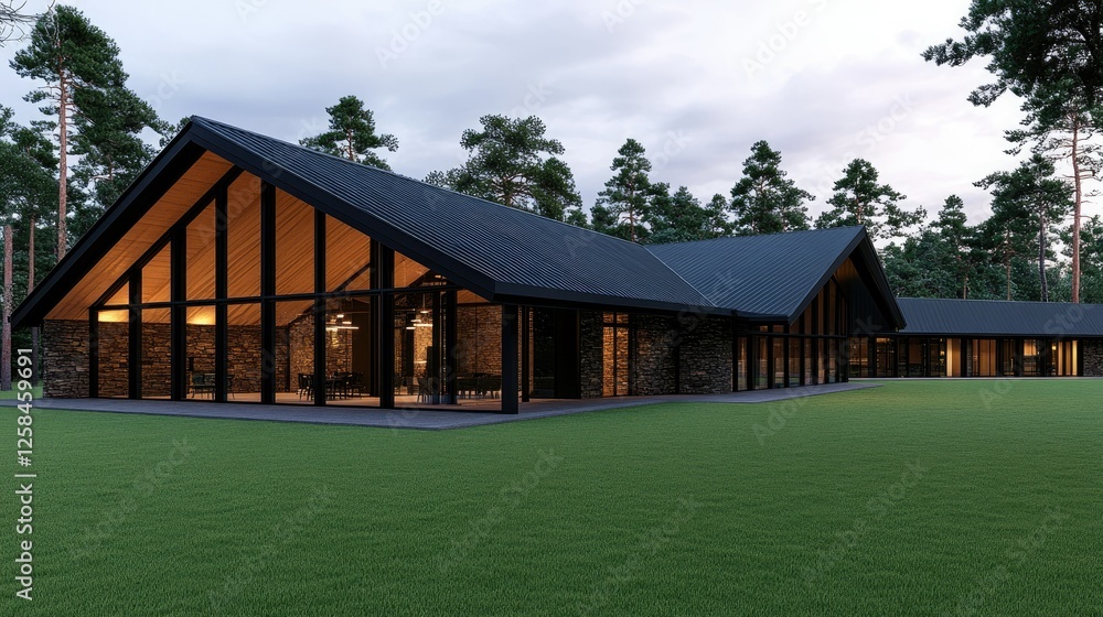 Obraz premium Modern wooden architecture set in a lush green forest during twilight hours showcasing sleek design and large windows reflecting nature