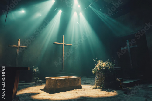 Crucifixion and Resurrection. He is Risen. Empty tomb of Jesus with crosses in the background and cinematic lighting. Easter or Resurrection