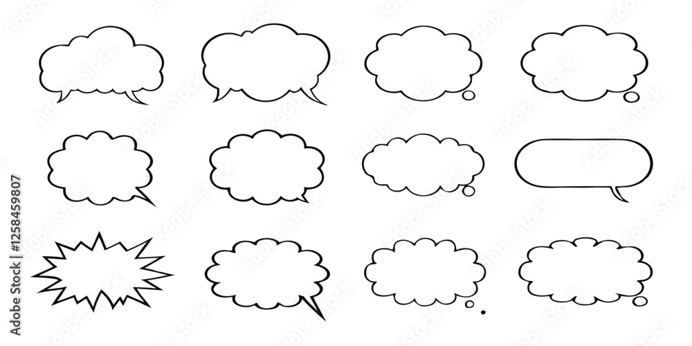 Obraz premium black hand drawn grunge charcoal, chalk speech bubbles, Balloon Vector Outline Illustration, Ideal for meme, poster, tag, banner, hashtag, dialogue Isolated on white background