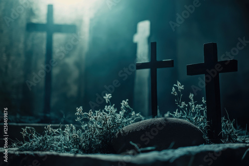 Crucifixion and Resurrection. He is Risen. Empty tomb of Jesus with crosses in the background and cinematic lighting. Easter or Resurrection