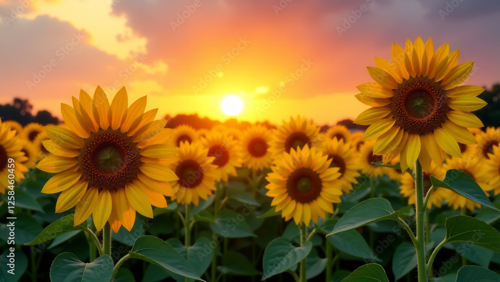 Obraz premium Sunflower Field at Sunset, Warm and Vibrant