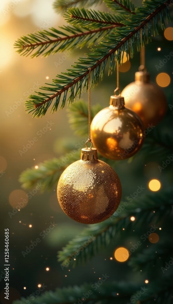 Sparkling gold ornaments suspended from a branch , ornaments, holiday, gold Sparkling gold ornaments suspended from a branch , ornaments, holiday, gold