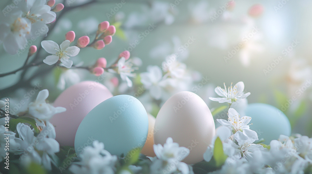Colorful eggs nestled among blooming flowers create a serene Easter Sunday atmosphere Colorful eggs nestled among blooming flowers create a serene Easter Sunday atmosphere