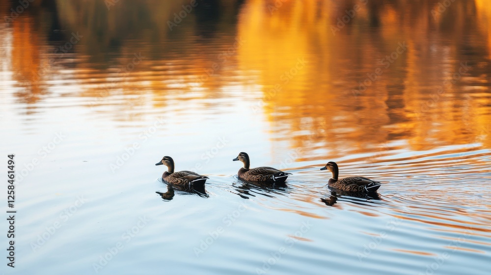 Three Ducks Swimming Calmly Across Serene Water at Sunset Three Ducks Swimming Calmly Across Serene Water at Sunset