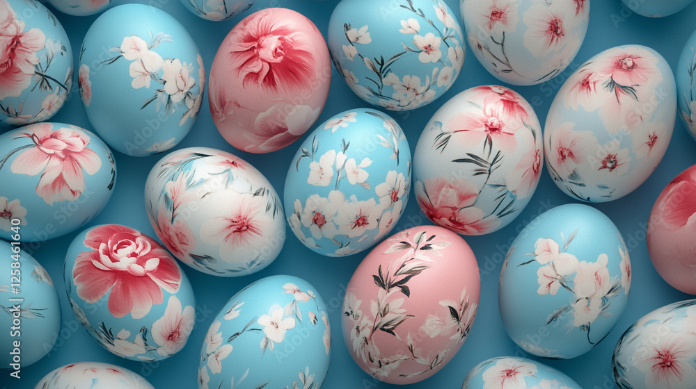 Beautifully painted Easter eggs resting on a pastel blue surface in a vibrant, festive arrangement Beautifully painted Easter eggs resting on a pastel blue surface in a vibrant, festive arrangement