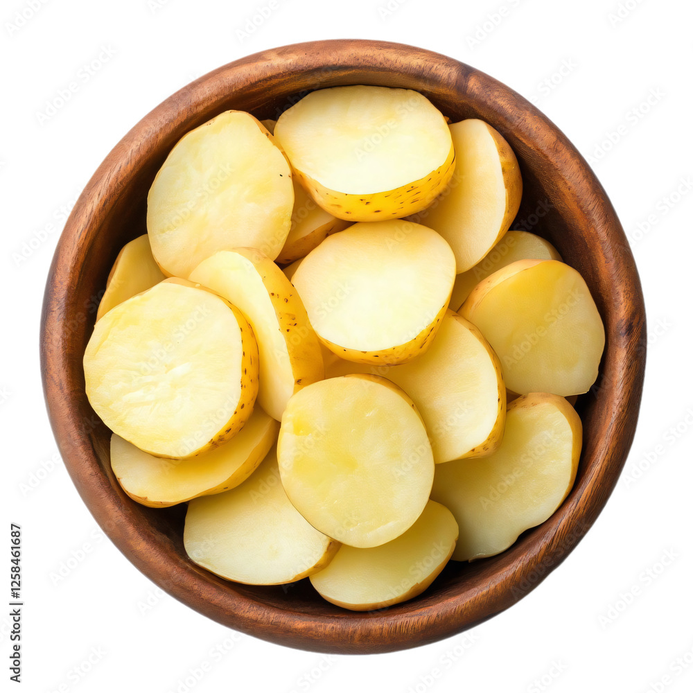 Sliced potatoes in wooden bowl top view on transparent background Sliced potatoes in wooden bowl top view on transparent background