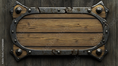 Fototapeta Naklejka Na Ścianę i Meble -  Medieval ui game wooden button with metal frame sprite for animation. Fantasy rpg title sign design on dark background. Isolated royal interface banner element assets. Ancient scratched wood bar icon