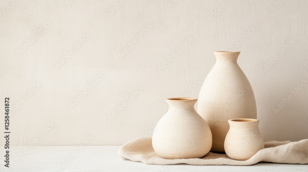 Three elegant, minimalist ceramic vases in various sizes sit on a soft surface against a textured, neutral background, creating a serene and stylish ambiance. Three elegant, minimalist ceramic vases in various sizes sit on a soft surface against a textured, neutral background, creating a serene and stylish ambiance.