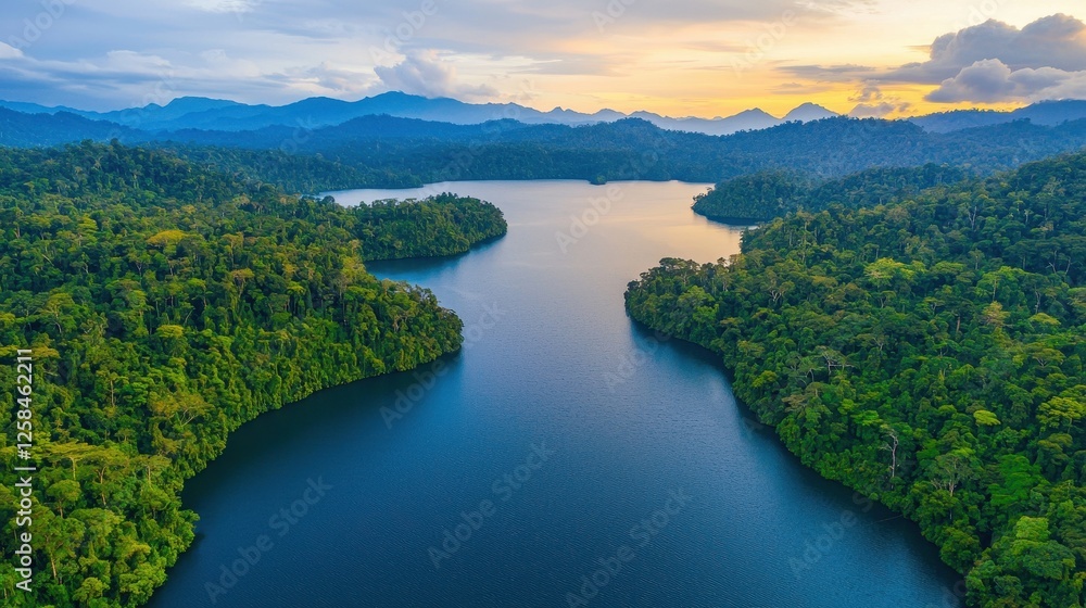 Fototapeta premium Serene Aerial View of Lush Green Forest and Tranquil River at Sunset