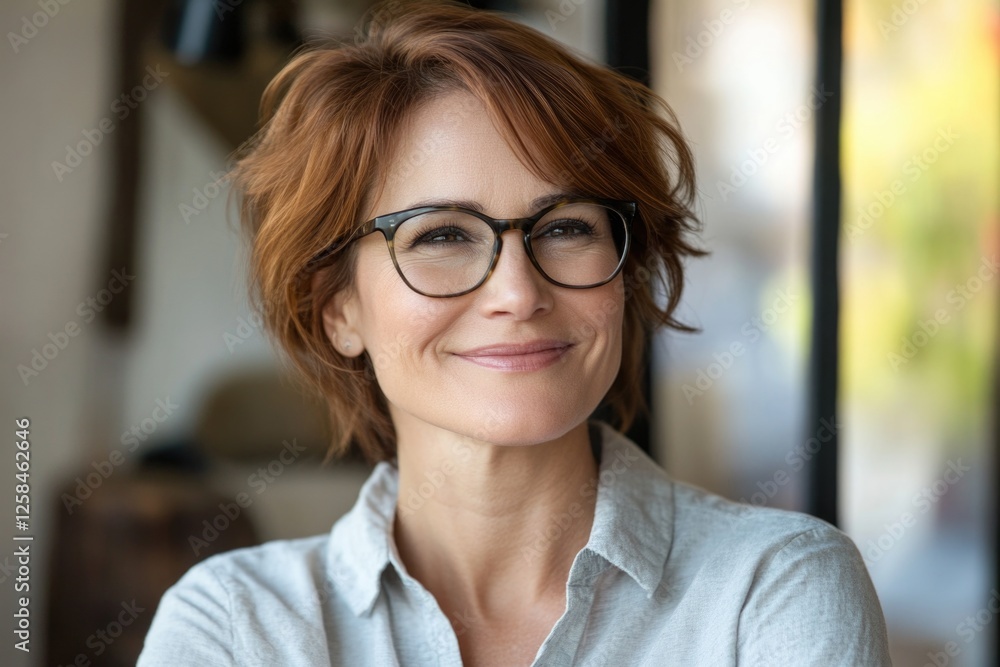 A happy woman with glasses looking directly at the camera A happy woman with glasses looking directly at the camera